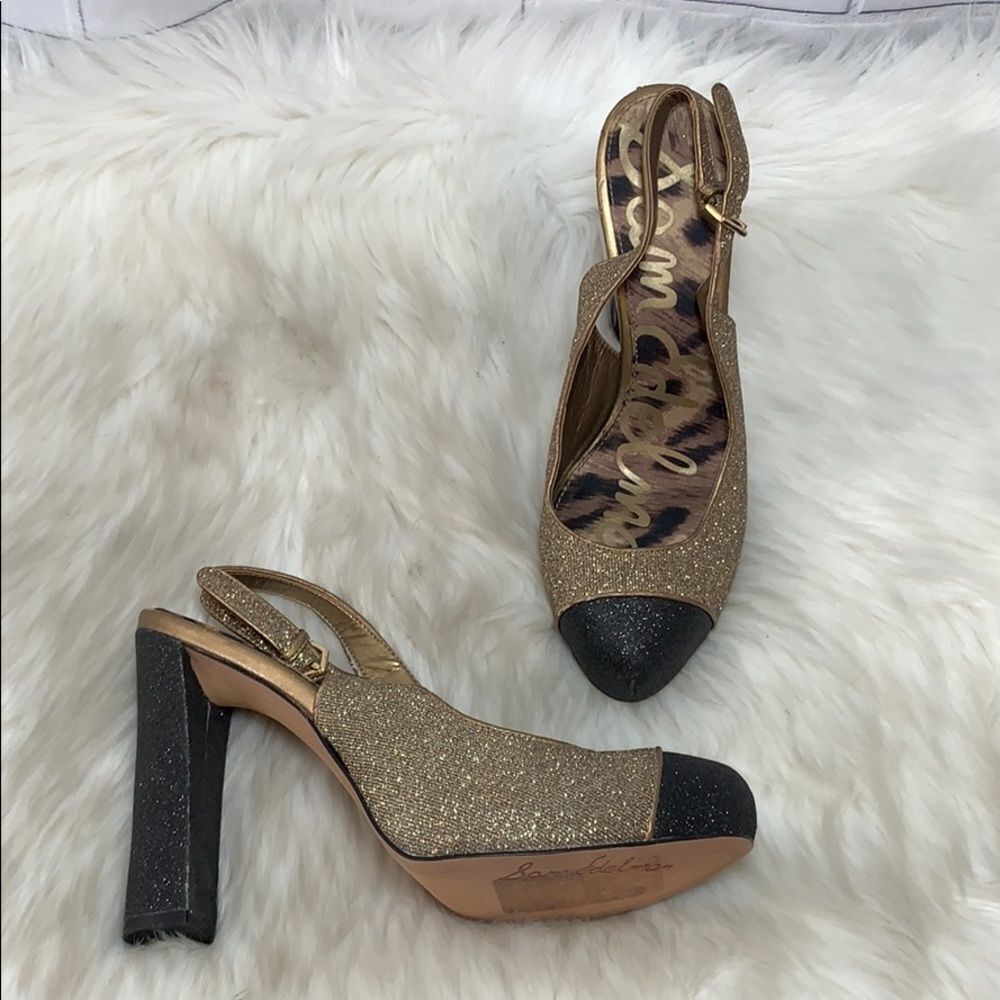 Sam Edelman Finn Glitter‎ Gold/Black Heels Sz 8.5